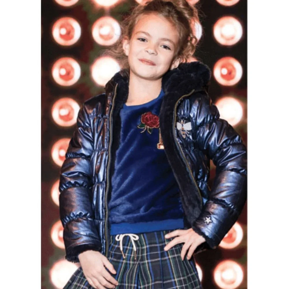 Boutique Like Flo‎ European Reversible Navy Girls Jacket Faux Fur Inside 4/5 5/6 - Picture 5 of 6